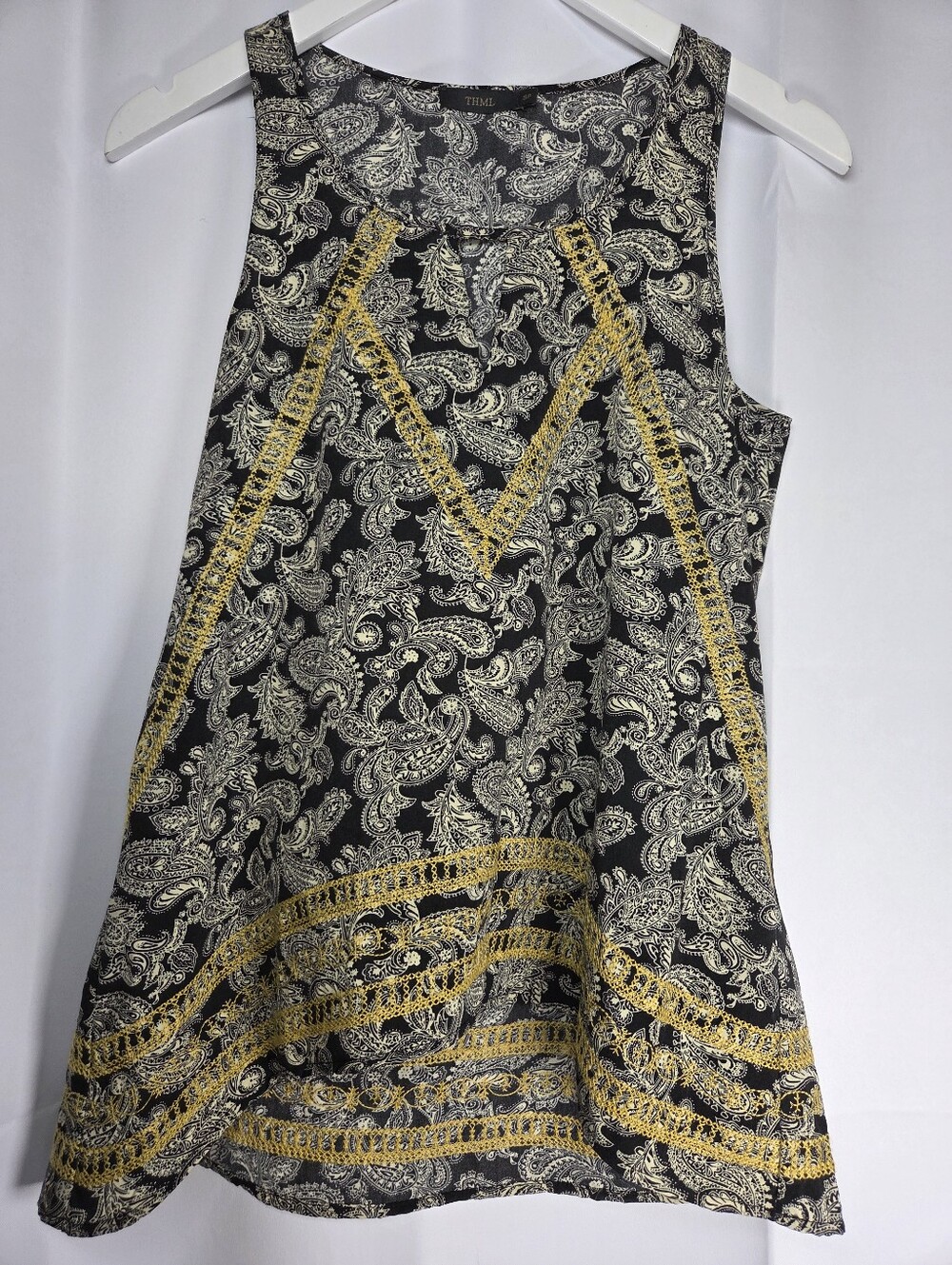 THML Sleeveless Tank Top Black Paisley Yellow Embroidered Detail Women's S